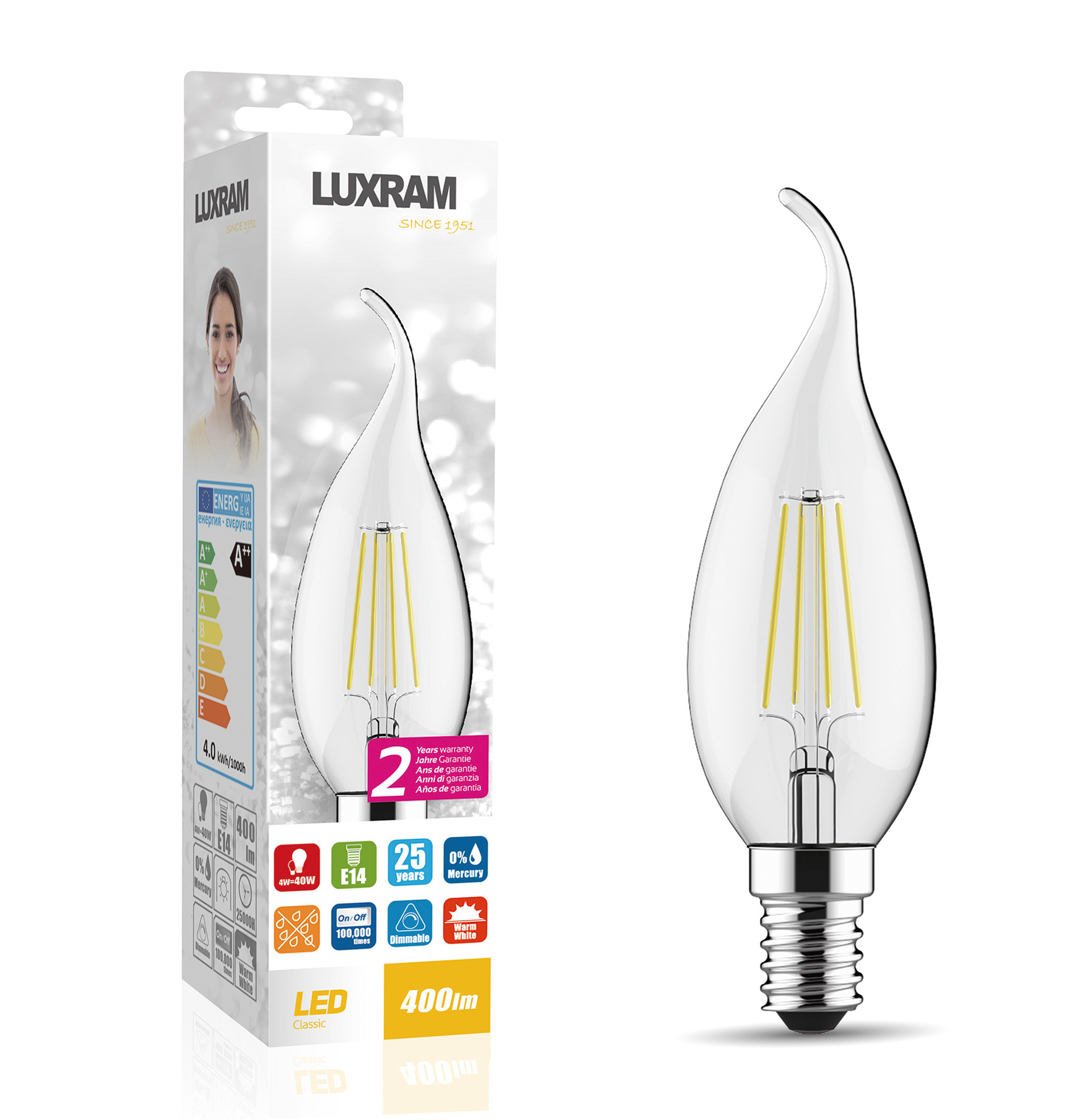 763413233  Value Classic LED Candle Tip Dimmable E14 4W 2700K 400lm